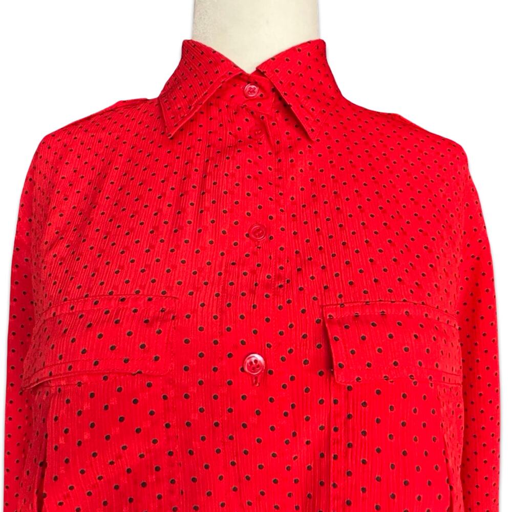 Vintage Liz Claiborne Red Black Polka Dot Blouse Long Sleeve Button Front Size 4